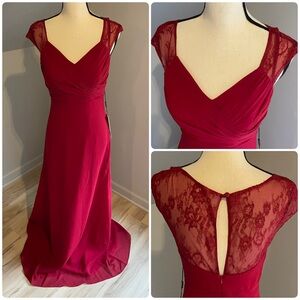 JJs House A Line Chiffon Gown US Size 6 EU 36 Burgundy Lace Detail Pleated Top
